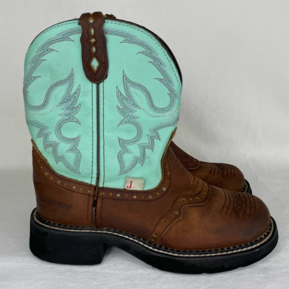 Justin Gypsy Boots Women’s 7B Brown Turquoise Blue Leather Embroidered Western - Picture 2 of 16